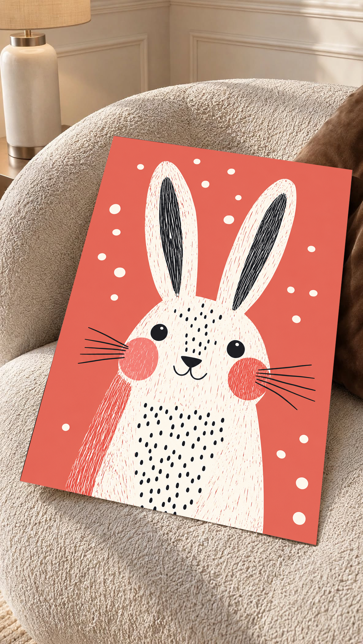 Coral rabbit art print with a spotted white rabbit and tall ears