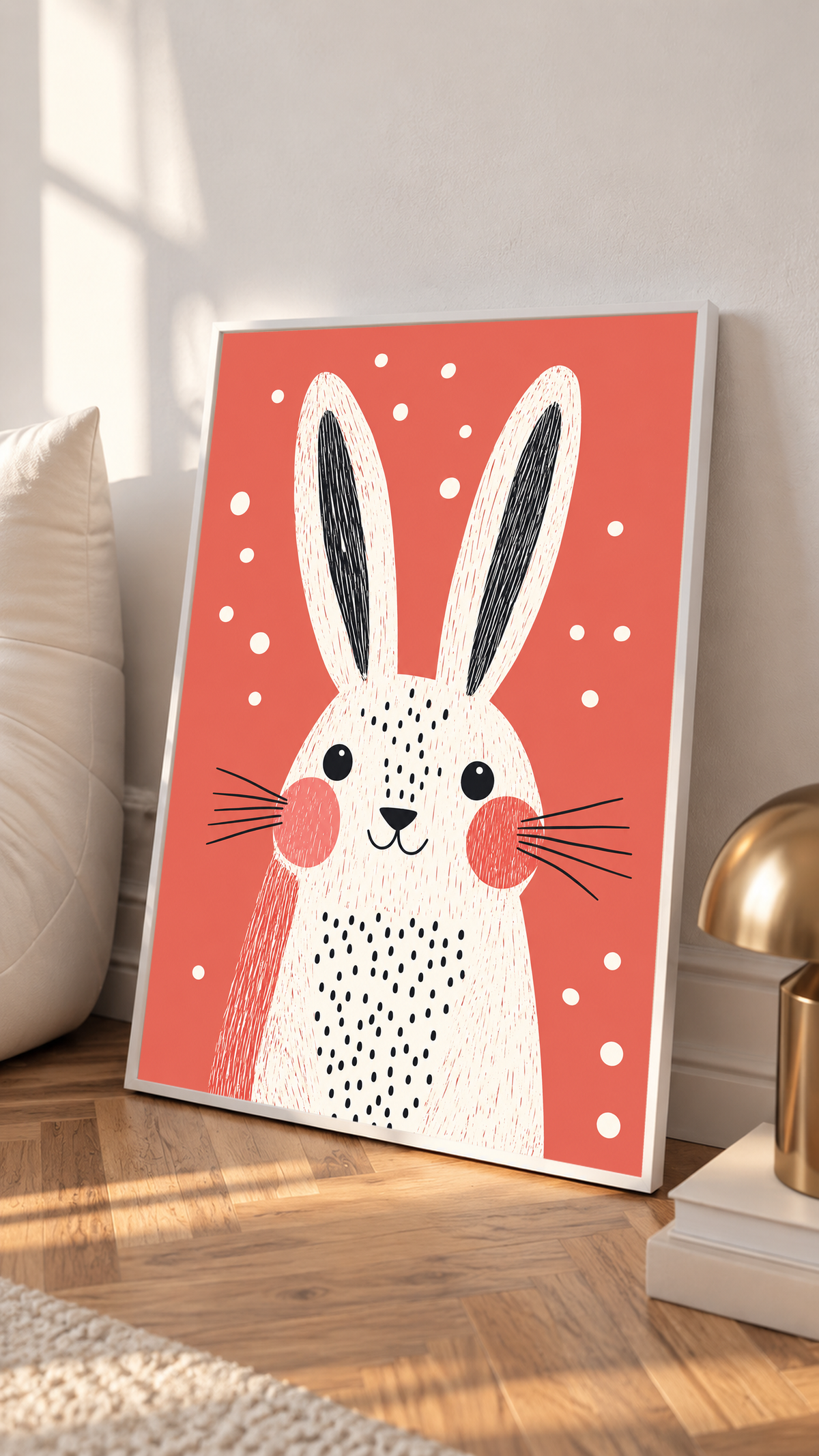 White rabbit print displayed in a slim white frame