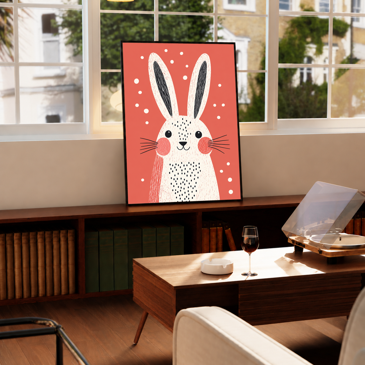 Framed coral nursery print featuring a tall-eared white rabbit