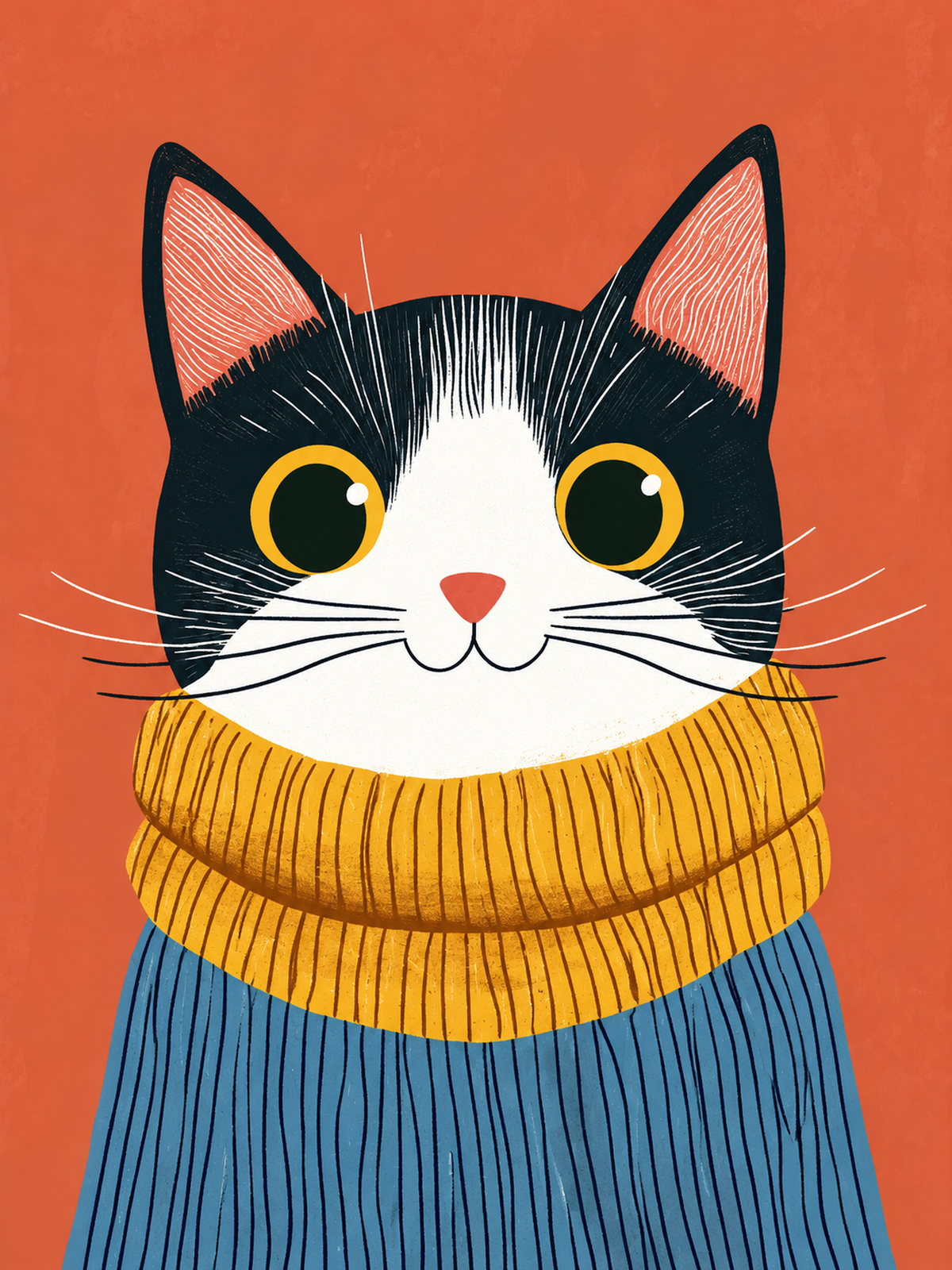 Gato blanco y negro de grandes ojos con borde amarillo, nariz coral, bufanda mostaza gruesa y jersey azul acanalado ante un fondo coral cálido. Vista plana de la ilustración, sin marco físico ni escena de interior.