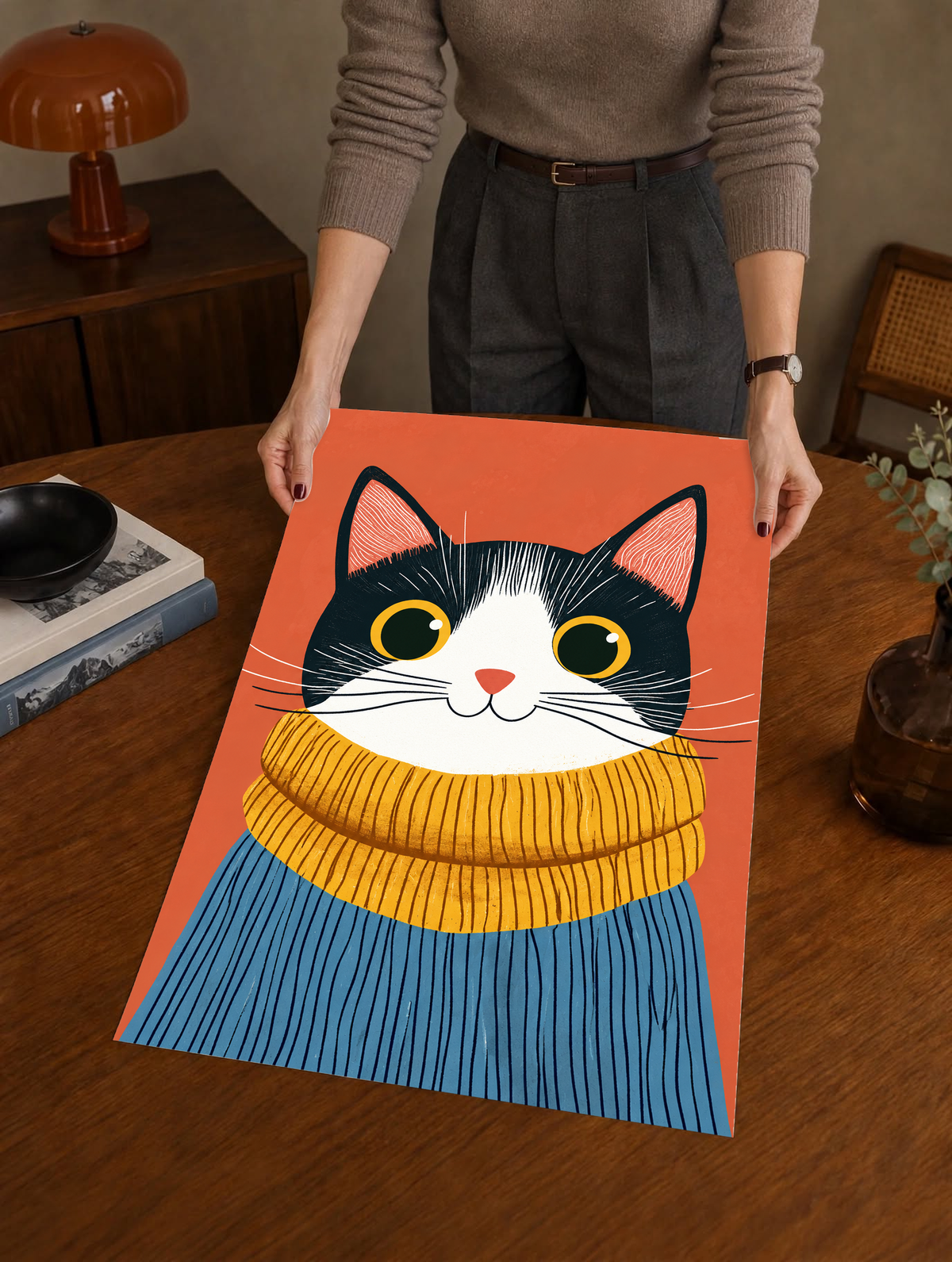 Gato blanco y negro de grandes ojos con borde amarillo, nariz coral, bufanda mostaza gruesa y jersey azul acanalado ante un fondo coral cálido. Como póster sin marco sostenido sobre una mesa de madera, con una lámpara marrón detrás.