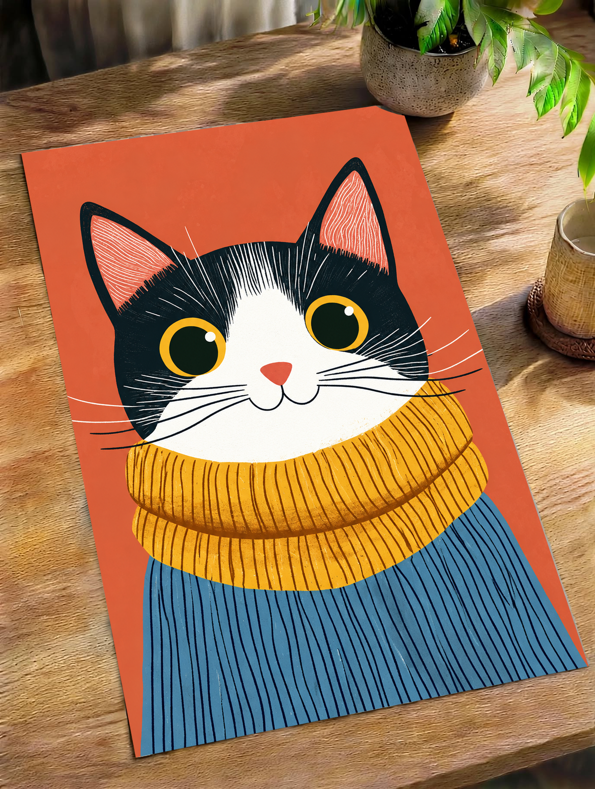 Gato blanco y negro de grandes ojos con borde amarillo, nariz coral, bufanda mostaza gruesa y jersey azul acanalado ante un fondo coral cálido. Póster sin marco sobre una mesa de madera junto a una planta de hojas verdes y una taza.