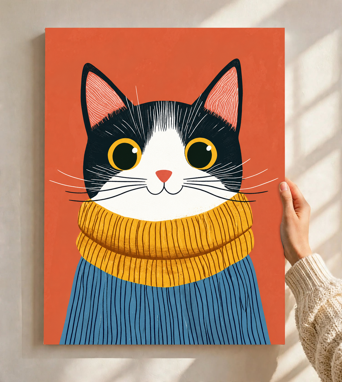 Gato blanco y negro de grandes ojos con borde amarillo, nariz coral, bufanda mostaza gruesa y jersey azul acanalado ante un fondo coral cálido. Lámina sin marco sostenida ante una pared clara con luz solar y sombras de ventana.