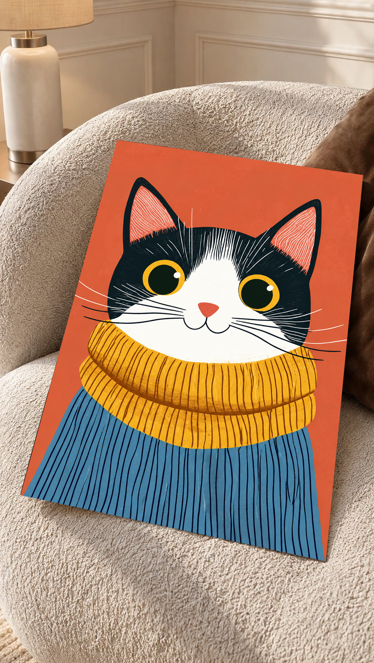 Gato blanco y negro de grandes ojos con borde amarillo, nariz coral, bufanda mostaza gruesa y jersey azul acanalado ante un fondo coral cálido. Lámina sin marco apoyada sobre un sillón de textura color crema.