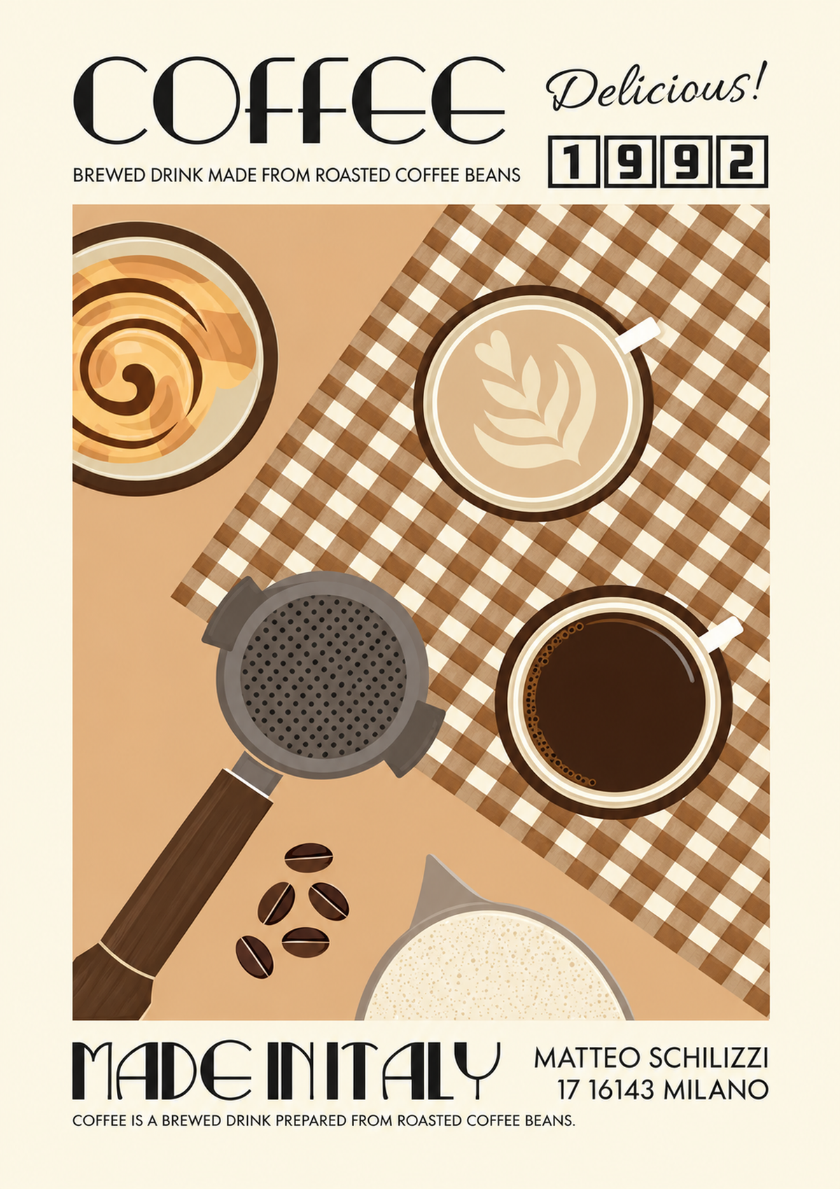 Vollständige Motivvorschau: Italienisches Kaffeemotiv mit Tassen von oben, Siebträger, braunem Karo, cremefarbenem Rand sowie COFFEE, 1992 und MADE IN ITALY.