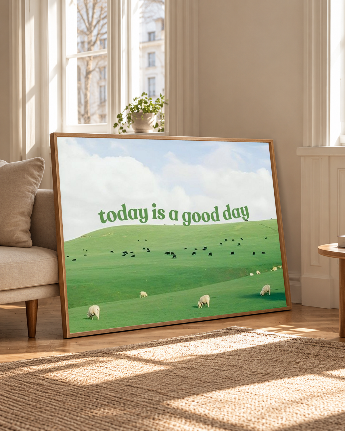 Grüne Schrift 'today is a good day' über Weiden mit Schafen, kleinen Rindern und hellem Wolkenhimmel. Eichenfarbener Rahmen neben einem hellen Polstersessel und hohen Fenstern im warmen Tageslicht.