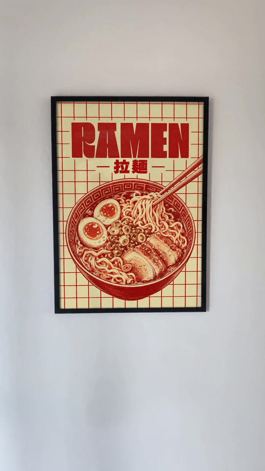 Red Ramen Grid Poster with Noodle Bowl, Chopsticks and Bold Typography