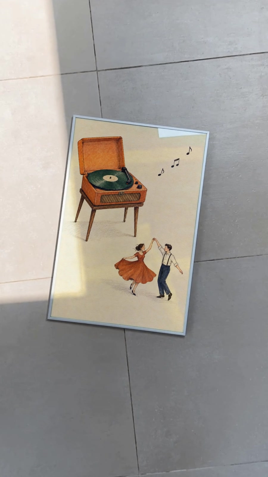 Retro Record Player and Dancing Couple Print on a Warm Cream Background