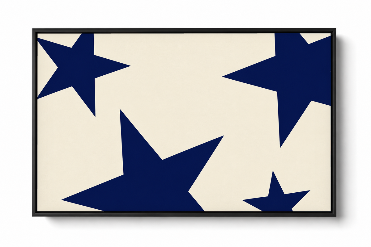 Navy stars on cream horizontal art print in a black frame