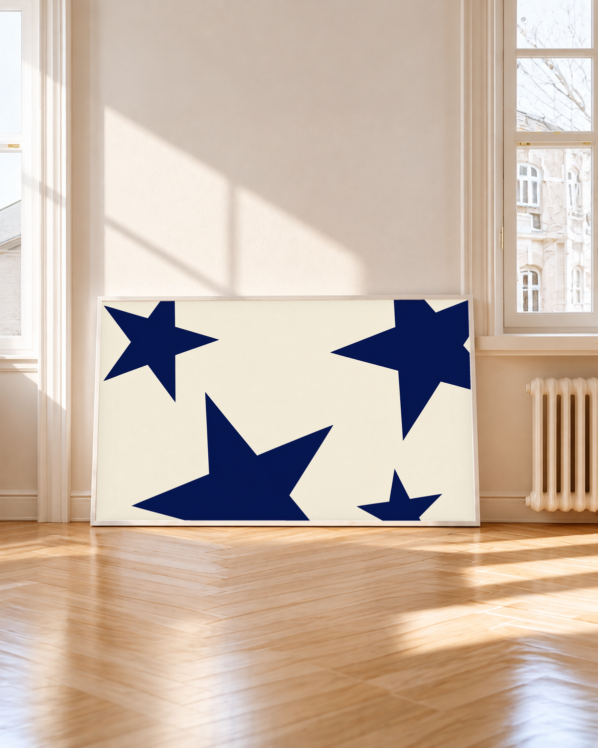 Unframed horizontal print featuring large navy stars on cream