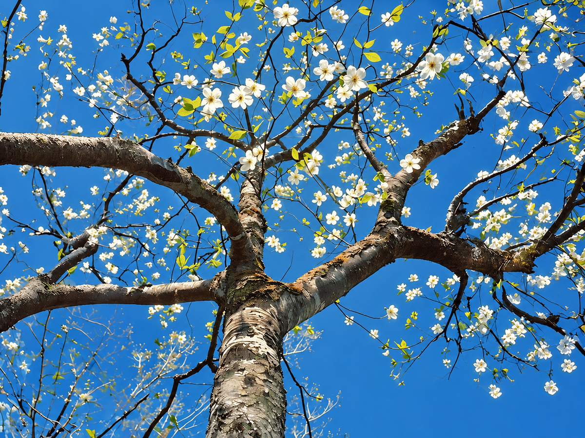Blossom tree art print showing white flowers and branching limbs against a vivid blue sky
