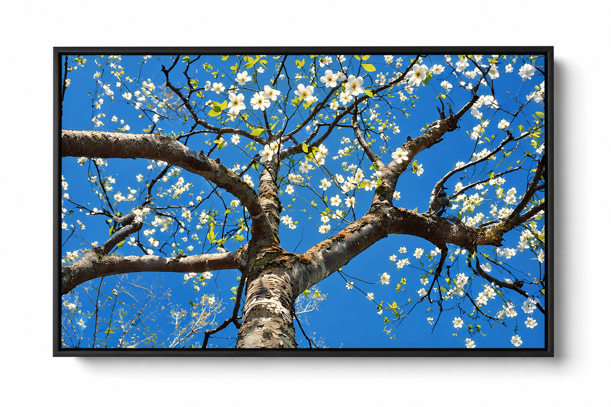 Blossom tree print in a black frame, featuring white flowers and branches against blue sky