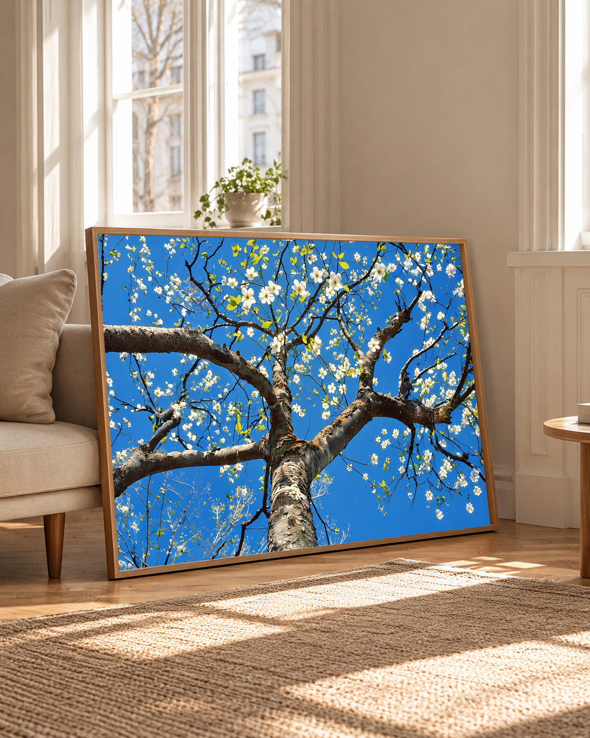 Blossom tree print in a slim wood frame, showing white flowers and branches against blue sky