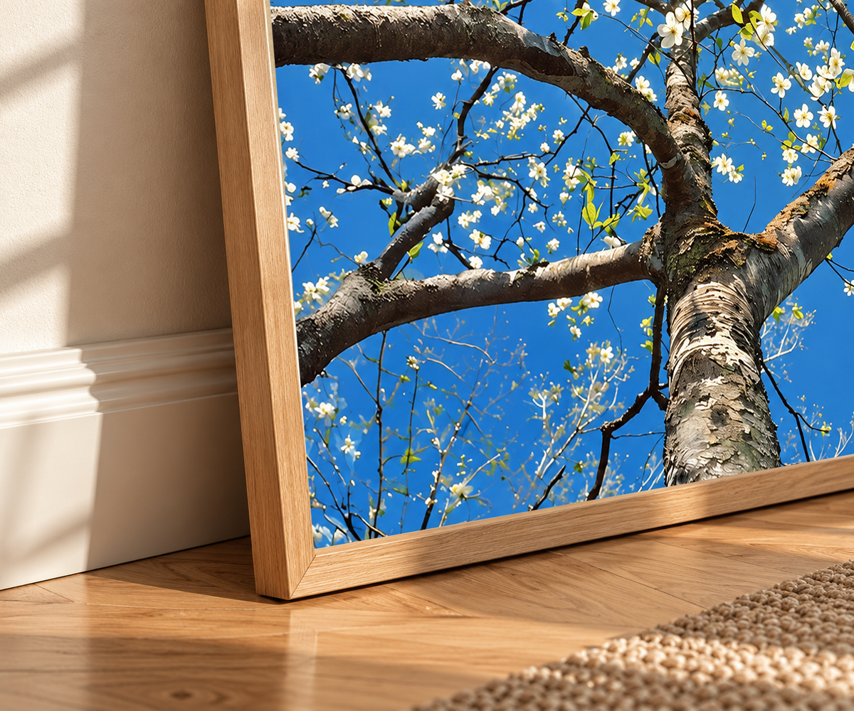 Close-up of a wood-framed blossom tree print with white flowers against blue sky
