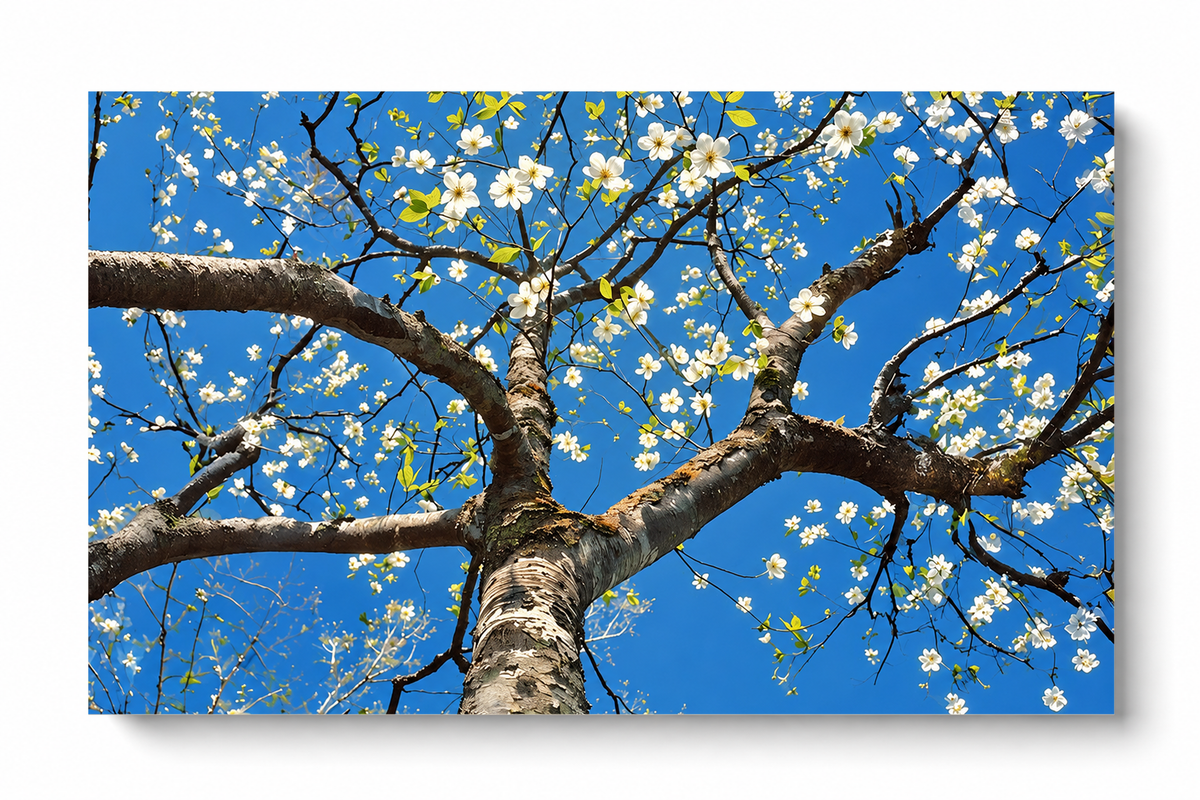 Unframed blossom tree art print, with white blossoms on branches against blue sky