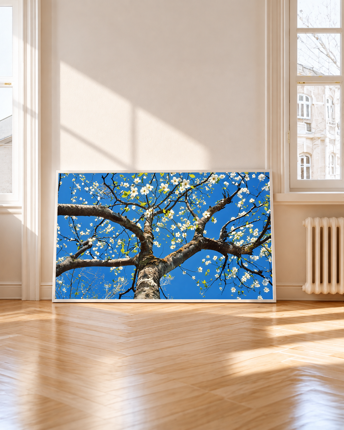 Horizontal blossom tree print with white flowers against a blue sky