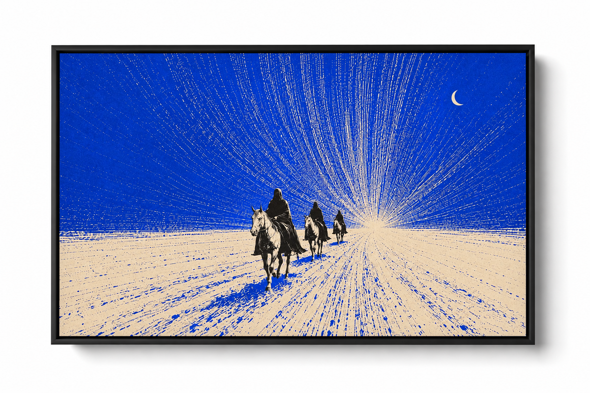 Tres jinetes oscuros se acercan sobre terreno crema bajo un cielo cobalto, una luna creciente y trazos finos radiantes. Marco flotante oscuro sobre un fondo blanco liso con una sombra suave.