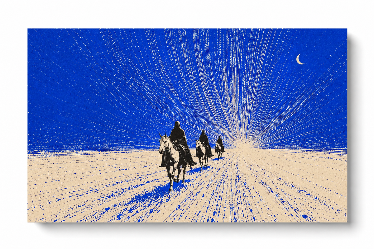 Tres jinetes oscuros se acercan sobre terreno crema bajo un cielo cobalto, una luna creciente y trazos finos radiantes. Póster horizontal sin marco sobre fondo blanco que proyecta una sombra suave.