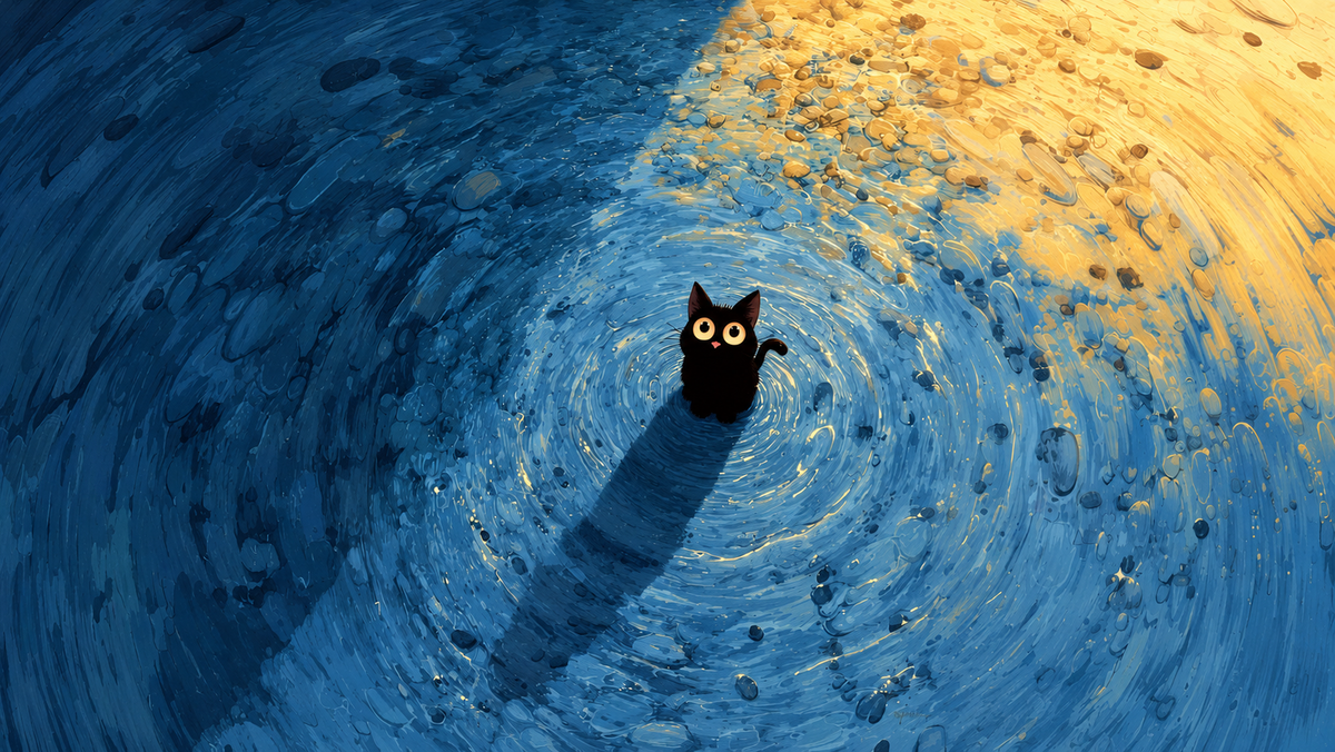 Pequeño gato negro de ojos dorados redondos y nariz rosa entre marcas azules en espiral, con luz dorada cálida arriba a la derecha. Vista previa horizontal sin marco que muestra la composición completa.