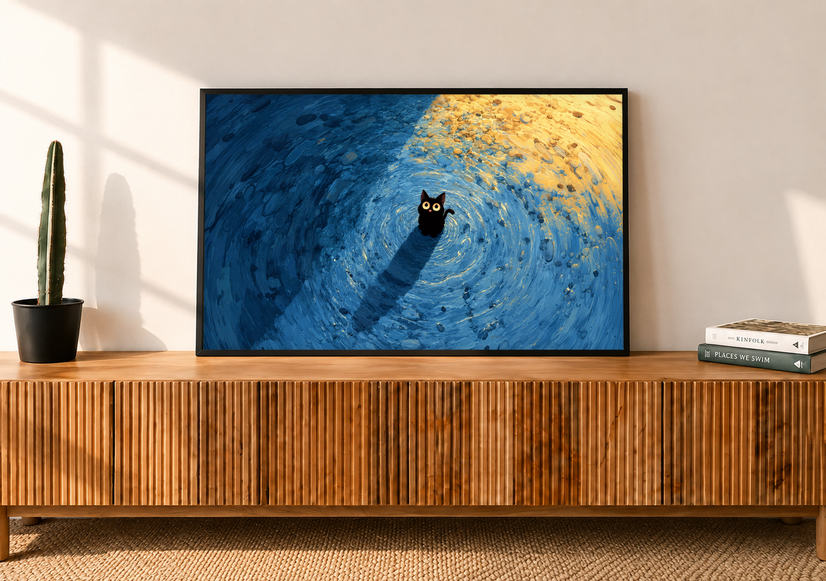 Pequeño gato negro de ojos dorados redondos y nariz rosa entre marcas azules en espiral, con luz dorada cálida arriba a la derecha. Marco negro sobre un aparador de madera con listones, junto a un cactus en maceta y libros.