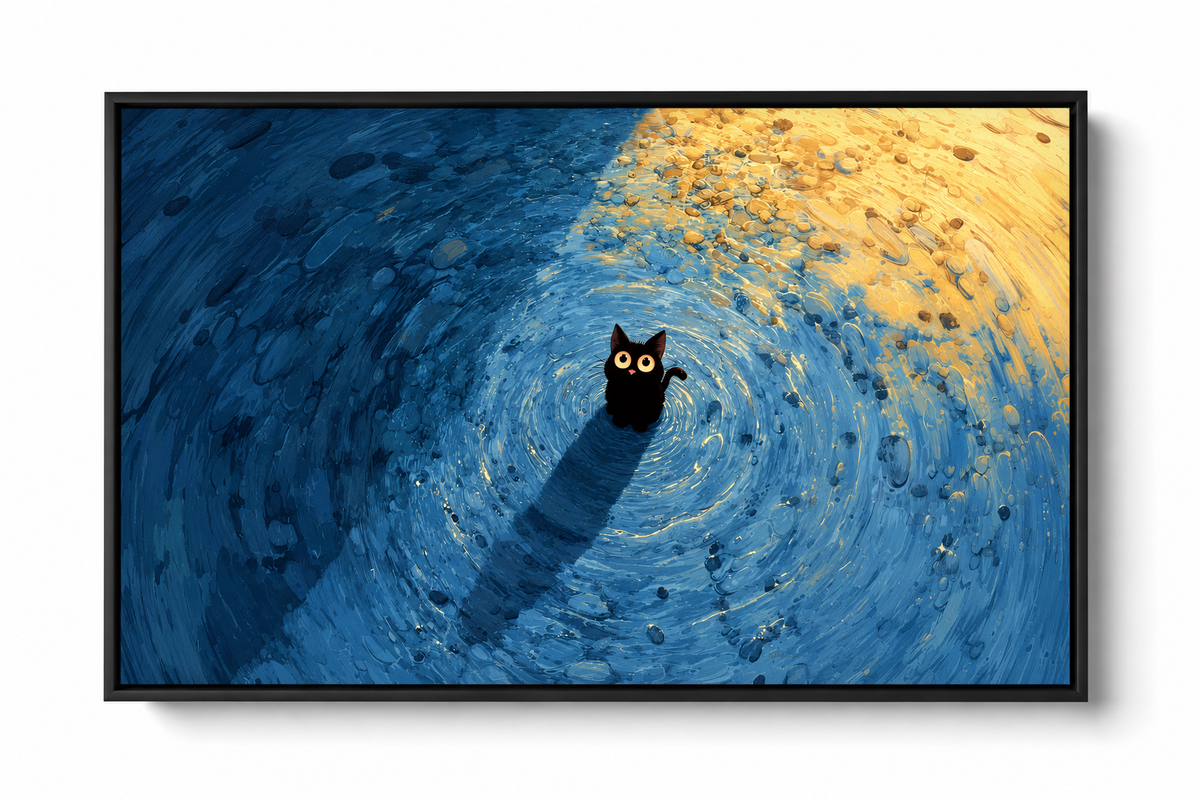Pequeño gato negro de ojos dorados redondos y nariz rosa entre marcas azules en espiral, con luz dorada cálida arriba a la derecha. Marco flotante oscuro sobre un fondo blanco liso con una sombra suave.