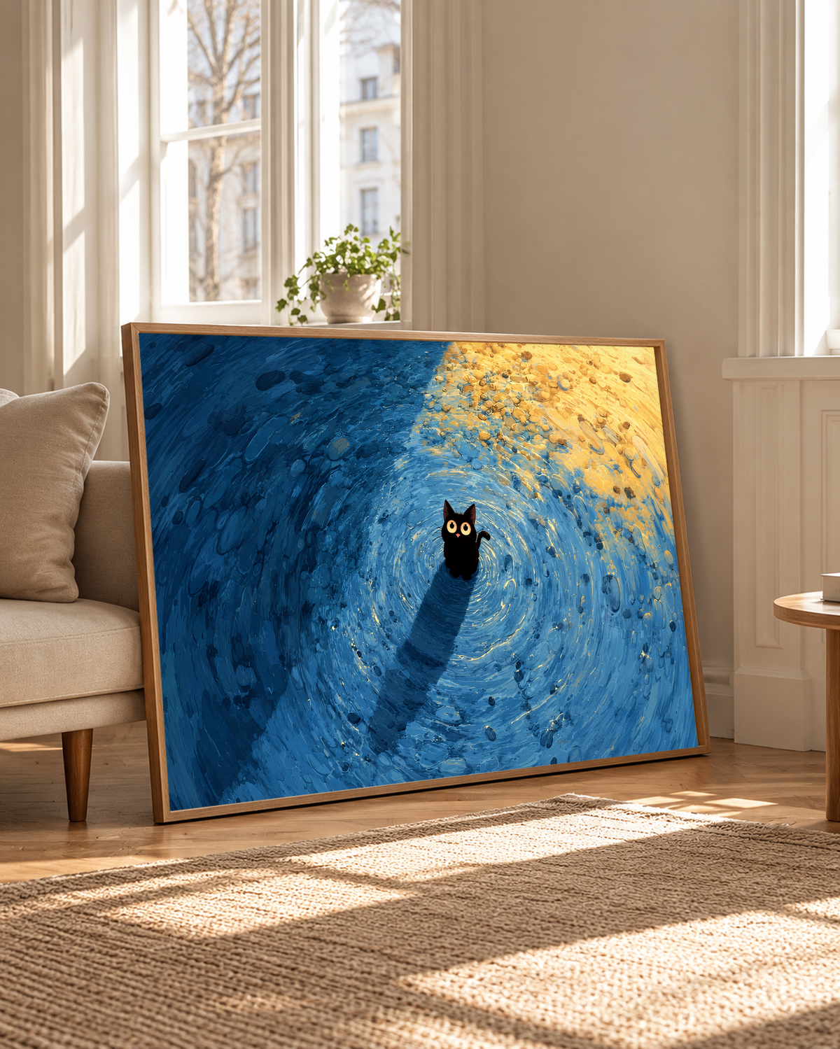 Pequeño gato negro de ojos dorados redondos y nariz rosa entre marcas azules en espiral, con luz dorada cálida arriba a la derecha. Marco de aspecto roble junto a una butaca clara y ventanas altas con luz natural cálida.