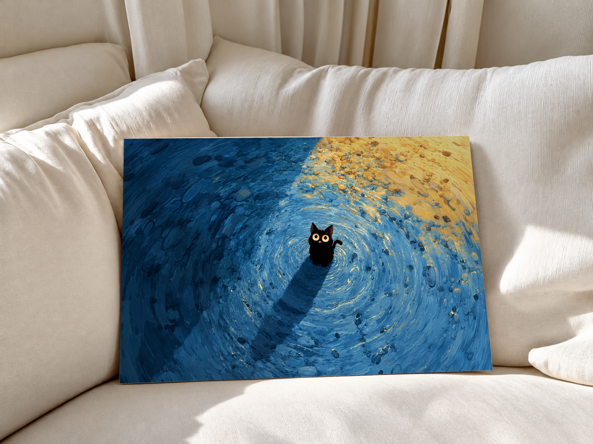 Pequeño gato negro de ojos dorados redondos y nariz rosa entre marcas azules en espiral, con luz dorada cálida arriba a la derecha. Póster sin marco apoyado en cojines blancos de sofá.