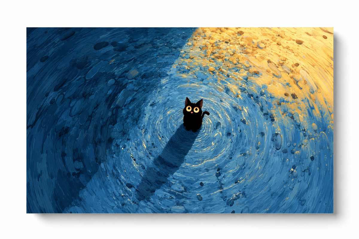 Pequeño gato negro de ojos dorados redondos y nariz rosa entre marcas azules en espiral, con luz dorada cálida arriba a la derecha. Póster horizontal sin marco sobre fondo blanco que proyecta una sombra suave.