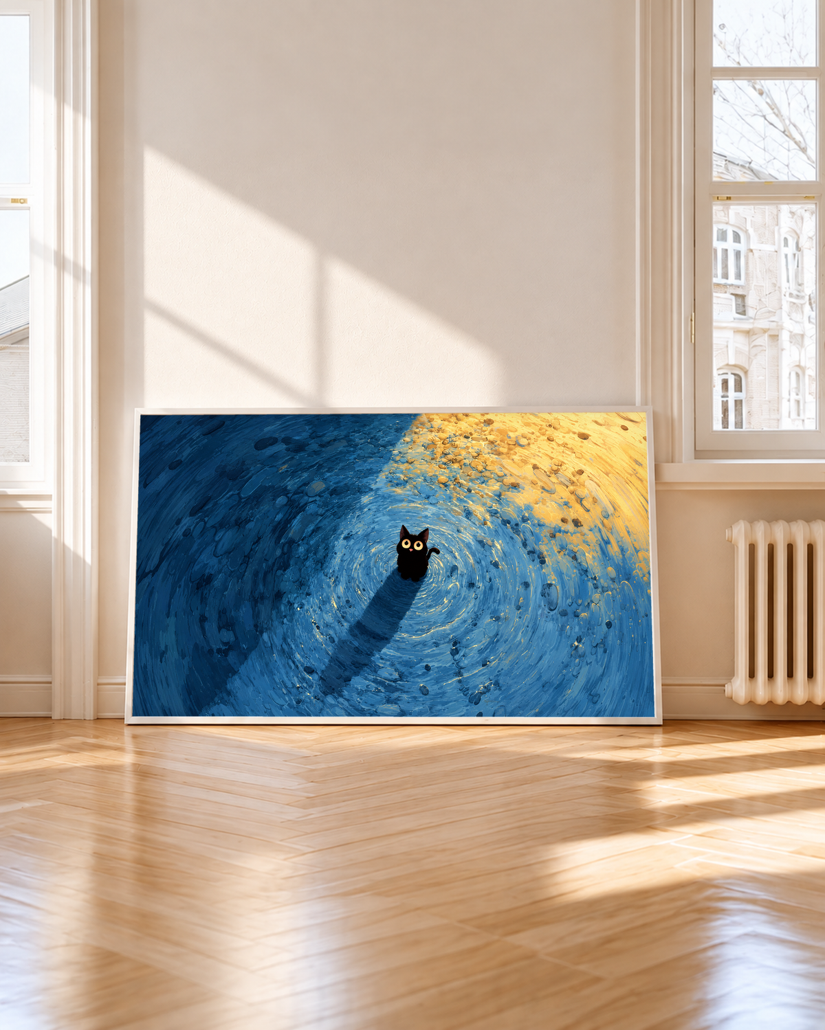 Pequeño gato negro de ojos dorados redondos y nariz rosa entre marcas azules en espiral, con luz dorada cálida arriba a la derecha. Marco blanco junto a una ventana alta, con sol y sombras sobre el suelo de madera.