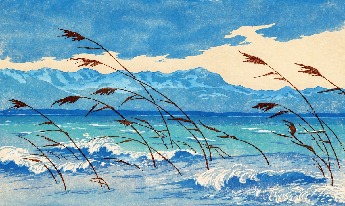 Russet reeds bend over curling blue and cream waves, with turquoise water, a distant mountain ridge and broad pale clouds behind. Unframed horizontal artwork preview showing the full composition.