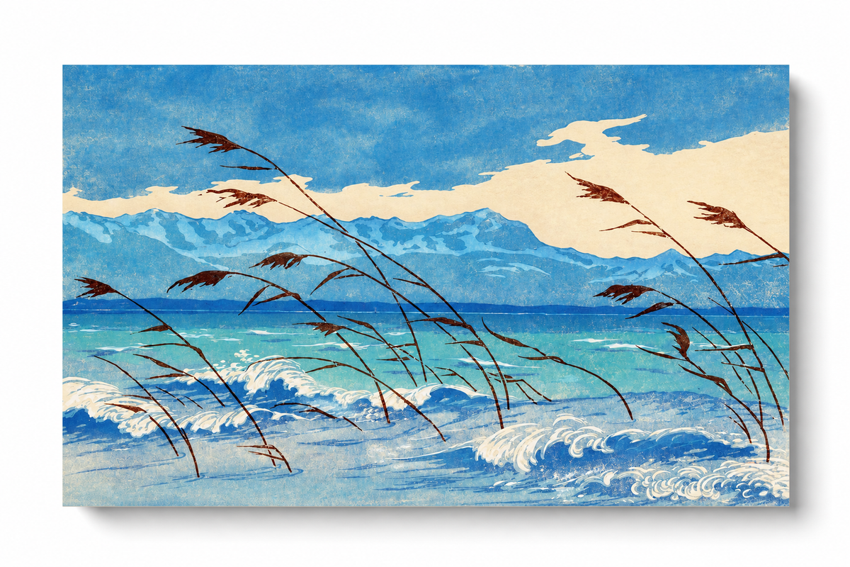 Russet reeds bend over curling blue and cream waves, with turquoise water, a distant mountain ridge and broad pale clouds behind. Unframed horizontal poster on a white background, casting a soft shadow.