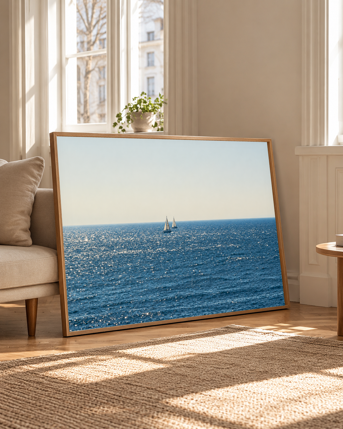 Due barche lontane dalle vele bianche vicino all’orizzonte sul mare blu scintillante sotto un ampio cielo chiaro crema-grigio. Cornice dall’aspetto rovere accanto a una poltrona chiara e ad alte finestre nella calda luce naturale.
