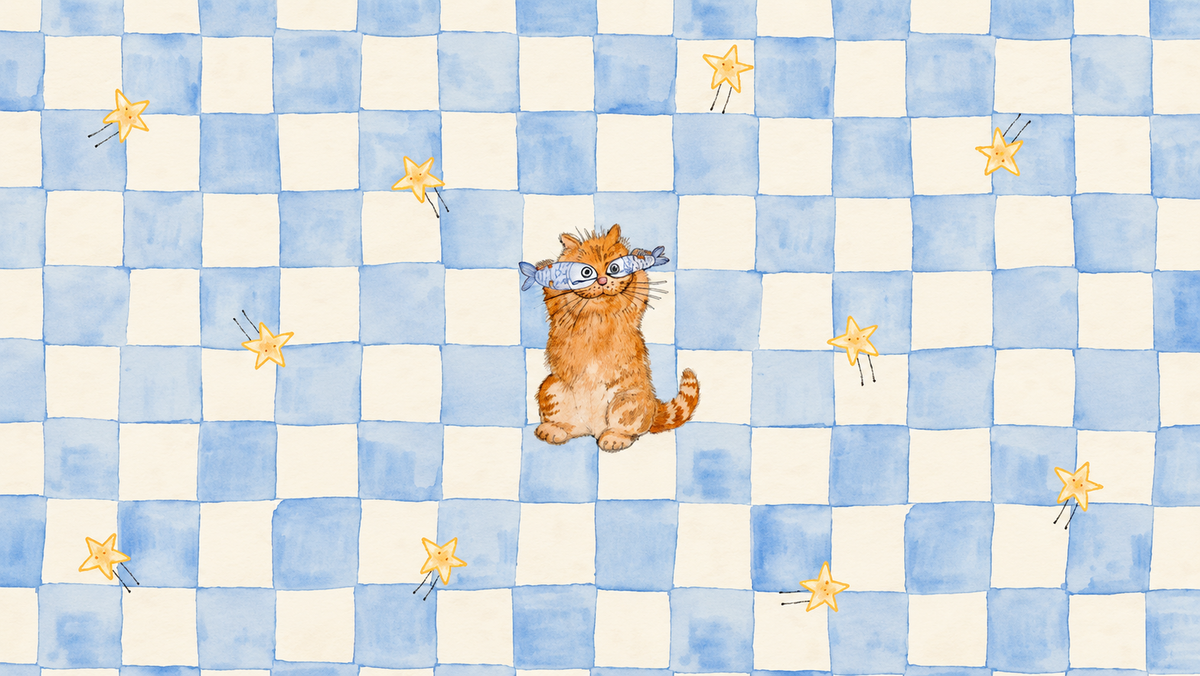 Un pequeño gato naranja con antifaz azul claro se sienta entre estrellas doradas sobre un tablero azul y crema. Vista previa horizontal sin marco que muestra la composición completa.