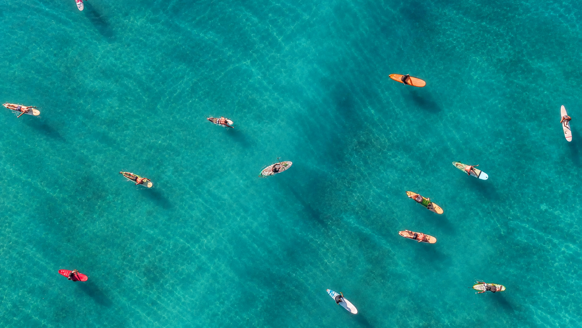 Vista dall’alto di surfisti seduti o sdraiati su tavole arancioni, rosse e chiare sparse sull’acqua turchese. Anteprima orizzontale senza cornice con la composizione completa.