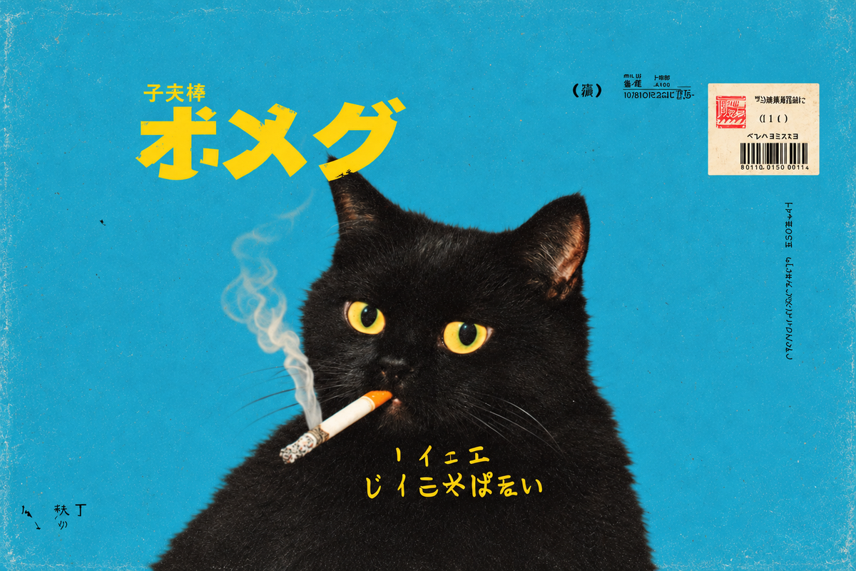 Eine schwarze Katze mit gelbgrünen Augen und Zigarette vor abgenutztem tealblauem Hintergrund mit gelber grafischer Schrift. Ungerahmte horizontale Bildvorschau mit der vollständigen Komposition.