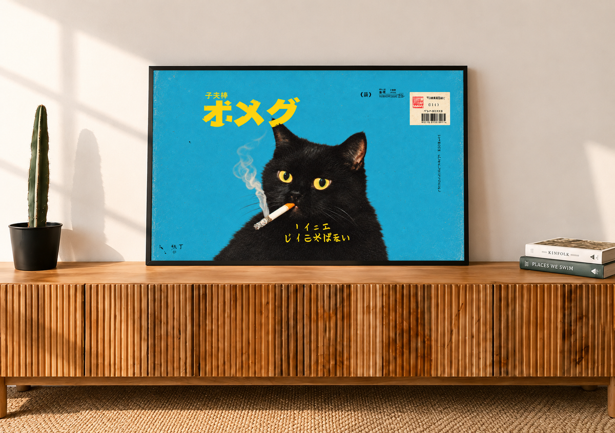 Eine schwarze Katze mit gelbgrünen Augen und Zigarette vor abgenutztem tealblauem Hintergrund mit gelber grafischer Schrift. Schwarzer Rahmen auf einer Holzkommode mit Lamellenfront neben einem Kaktus im Topf und Büchern.