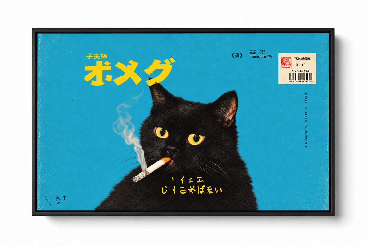 Eine schwarze Katze mit gelbgrünen Augen und Zigarette vor abgenutztem tealblauem Hintergrund mit gelber grafischer Schrift. Dunkler Schattenfugenrahmen vor einem weißen Hintergrund mit weichem Schatten.