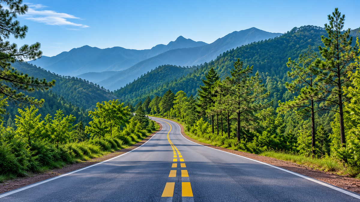 Eine gewundene Straße mit gelber Mittellinie führt durch grünen Wald zu gestaffelten Bergketten unter blassblauem Himmel. Ungerahmte horizontale Bildvorschau mit der vollständigen Komposition.