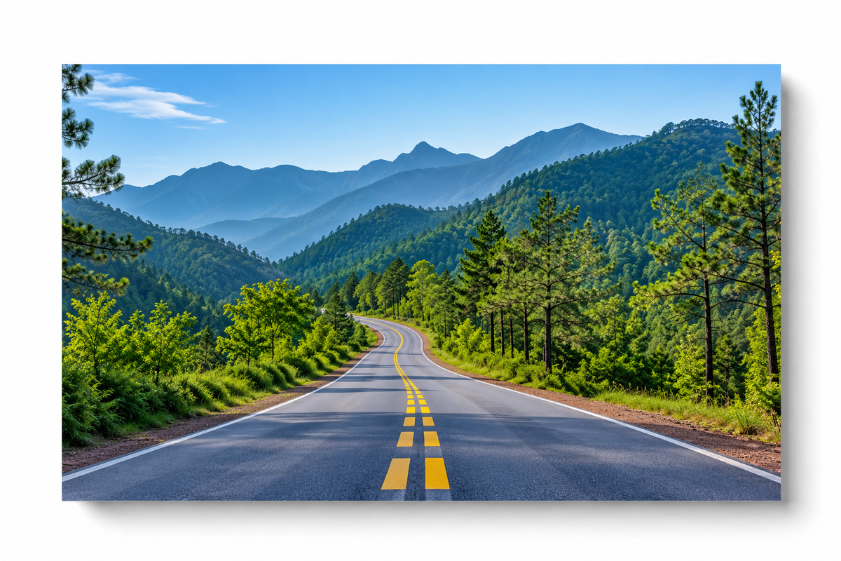 Eine gewundene Straße mit gelber Mittellinie führt durch grünen Wald zu gestaffelten Bergketten unter blassblauem Himmel. Ungerahmtes horizontales Poster vor weißem Hintergrund mit weichem Schatten.