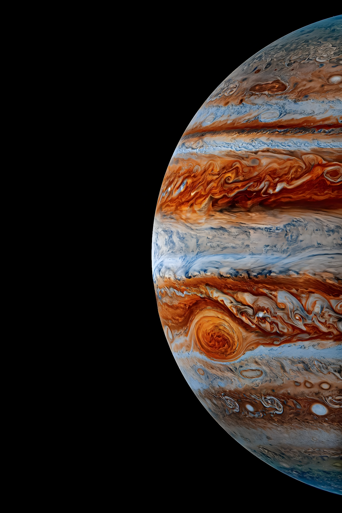 Close-up Jupiter artwork with orange-brown and blue-white cloud bands and the Great Red Spot on black