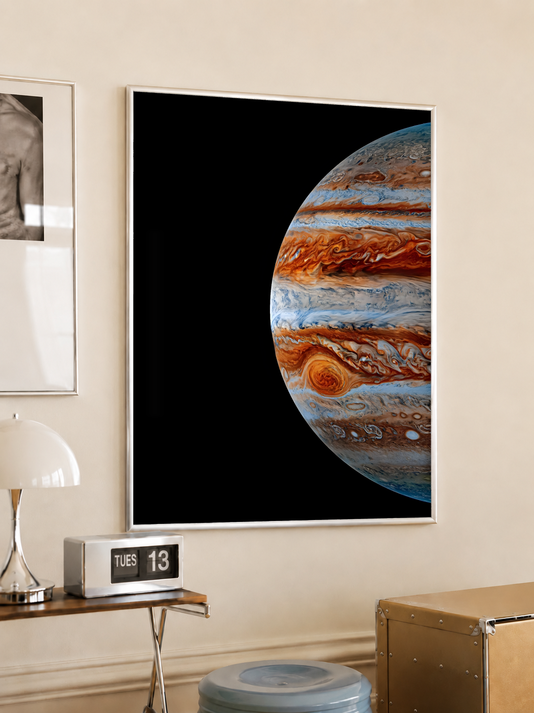Framed Jupiter planet wall art poster with arched planet close-up on black background