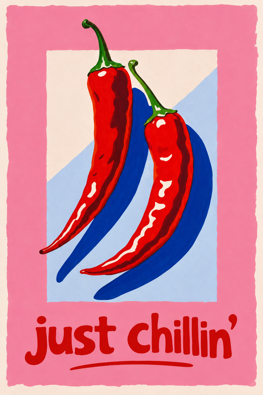 Just Chillin chili pepper kitchen wall art poster in playful pink blue and red