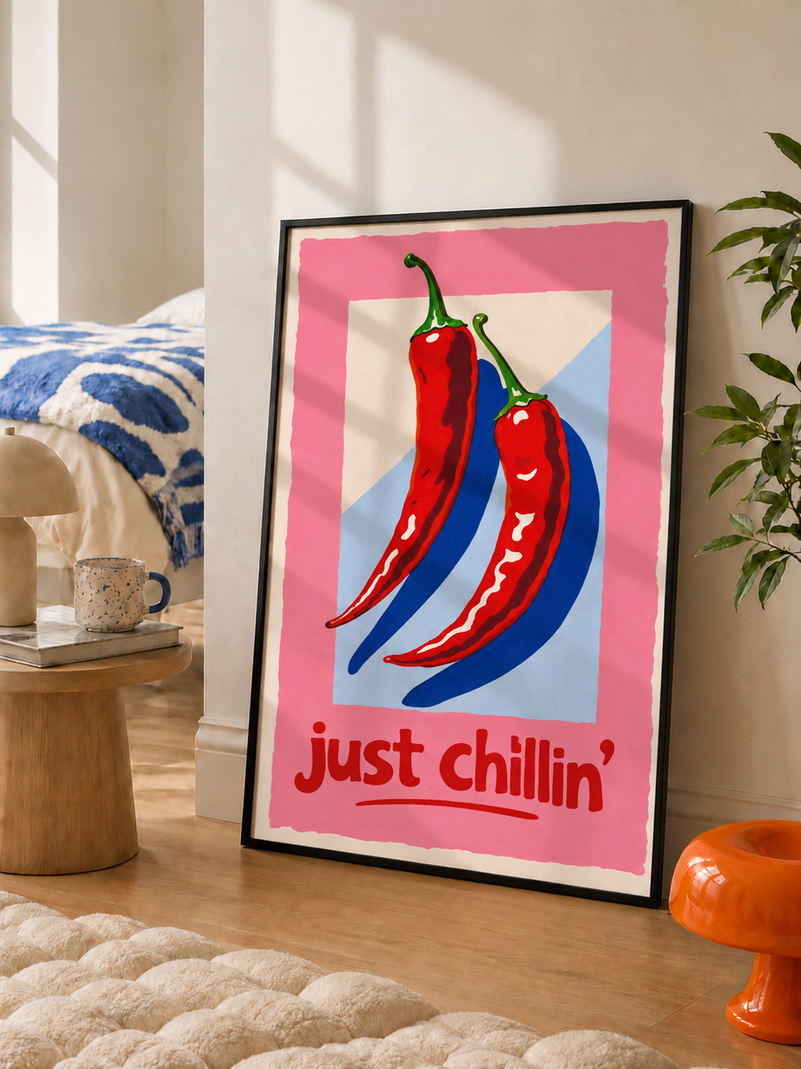 Just Chillin chili pepper wall art displayed in a colorful modern kitchen