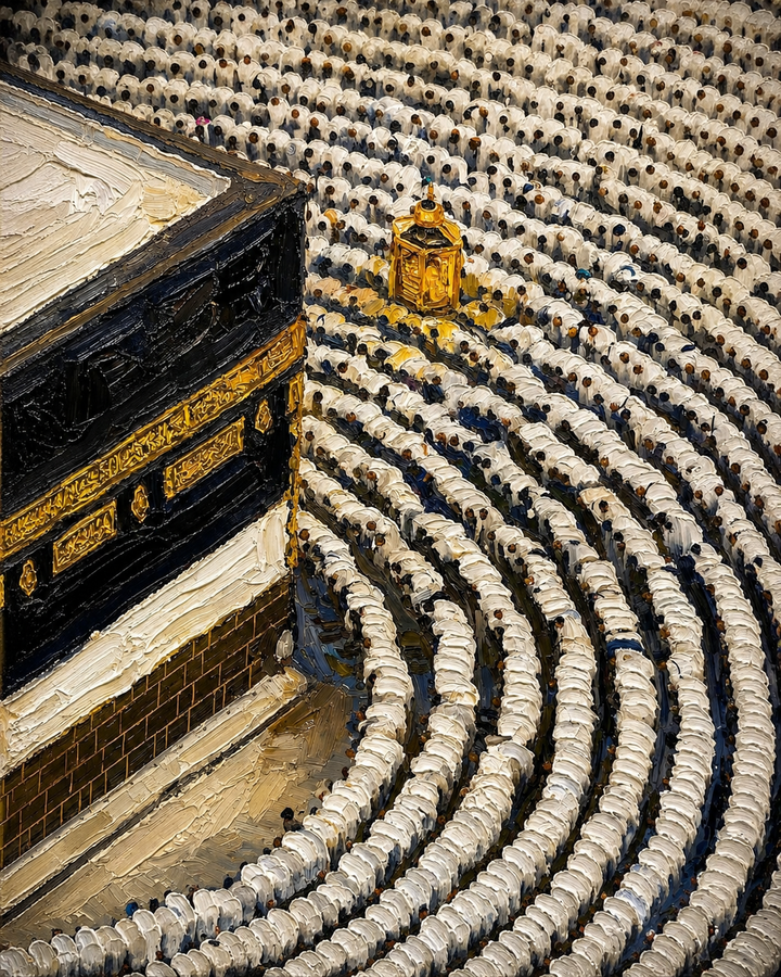 Elevated Kaaba artwork with repeating rows of worshippers