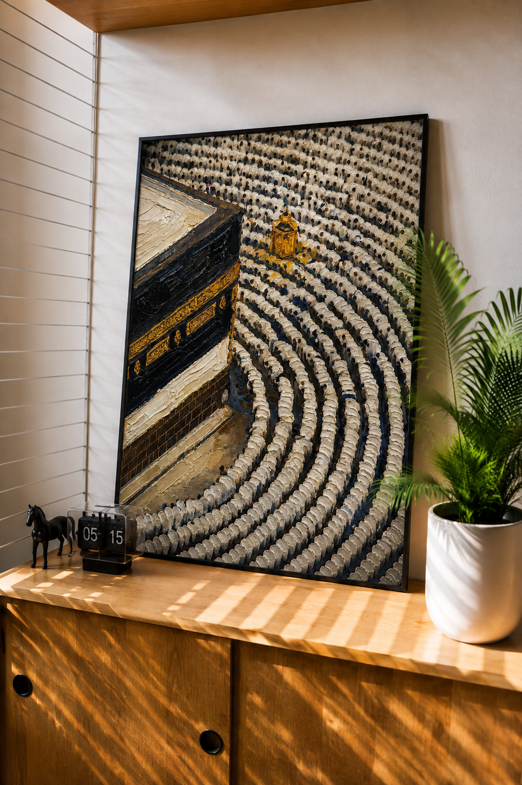 Kaaba prayer crowd Islamic wall art displayed in an elegant interior