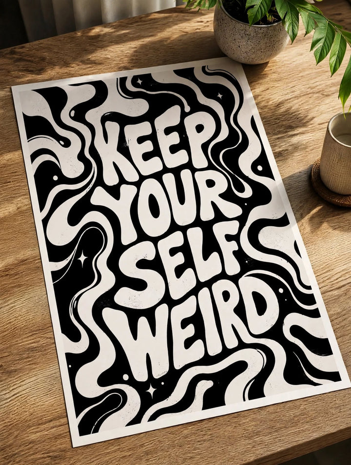 Keep Yourself Weird Art Print styled as quirky monochrome wall decor for a creative living space