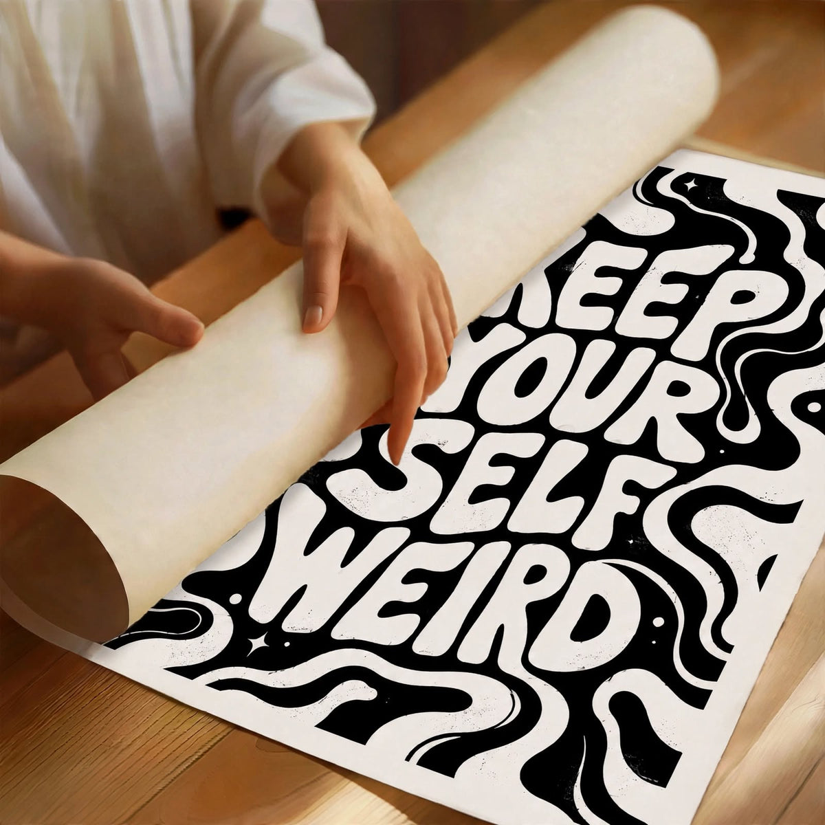 Keep Yourself Weird Art Print featuring organic black and white patterns with expressive graphic lettering