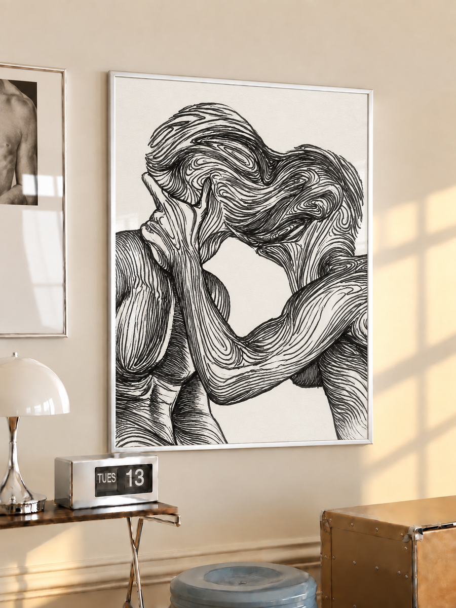 Kissing Couple Black & White Line Art Wall Art Poster styled interior mockup