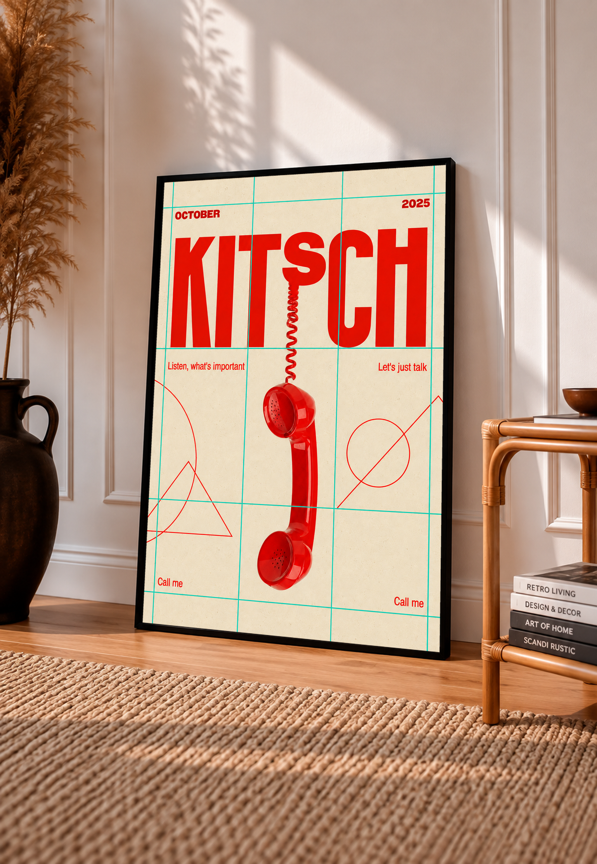 A red telephone receiver beneath Kitsch lettering on a mint grid and cream field in a black frame leaning on a sunlit floor beside a rattan chair