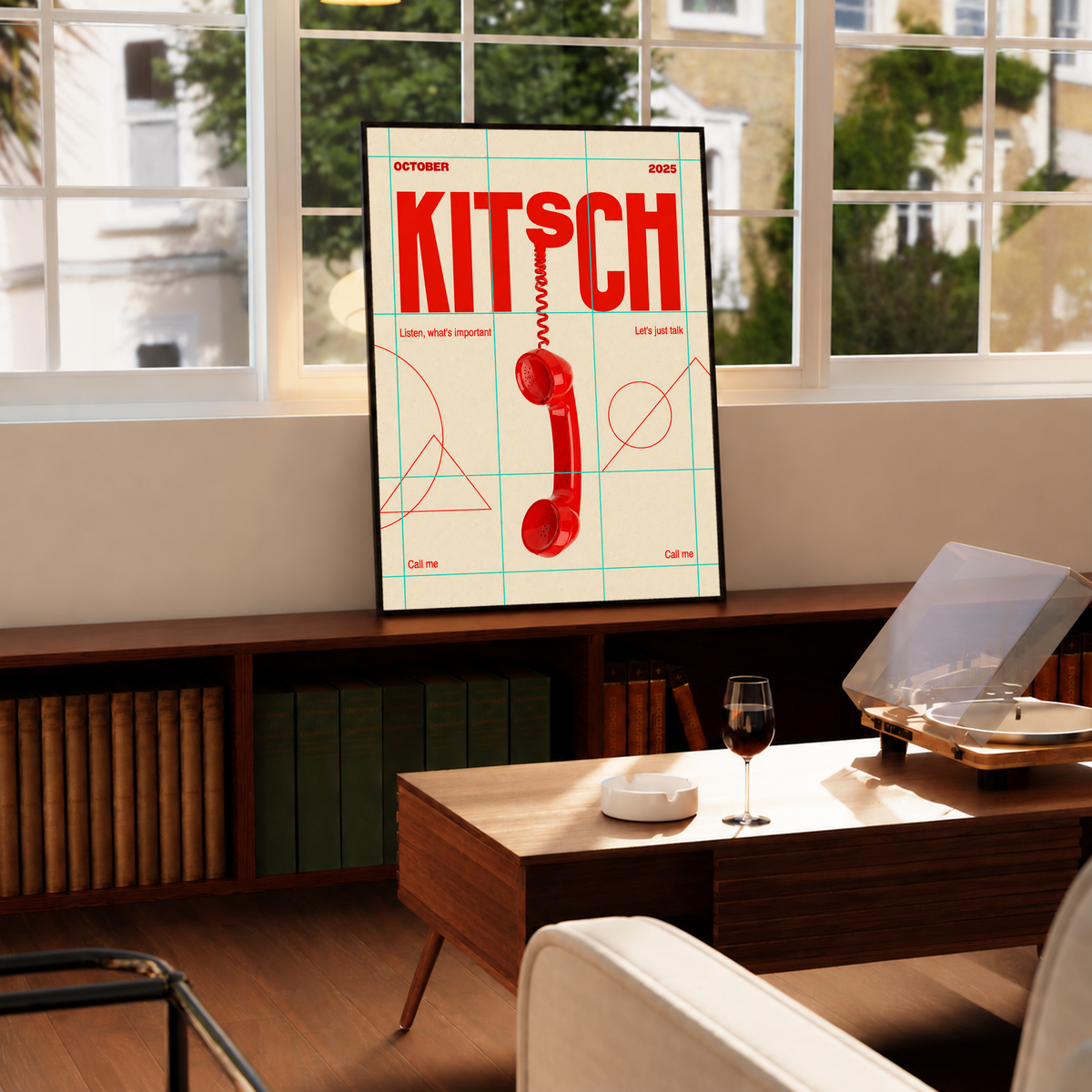 A red telephone receiver beneath Kitsch lettering on a mint grid and cream field in a black frame by a bright window above a record player
